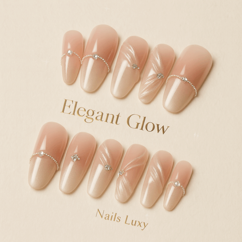 10Pcs ✨ Elegant Glow – Luxury Almond Press-On Nails | Handmade Short French Cat-Eye Nude with Diamond Accents, Reusable Daily Set ✨