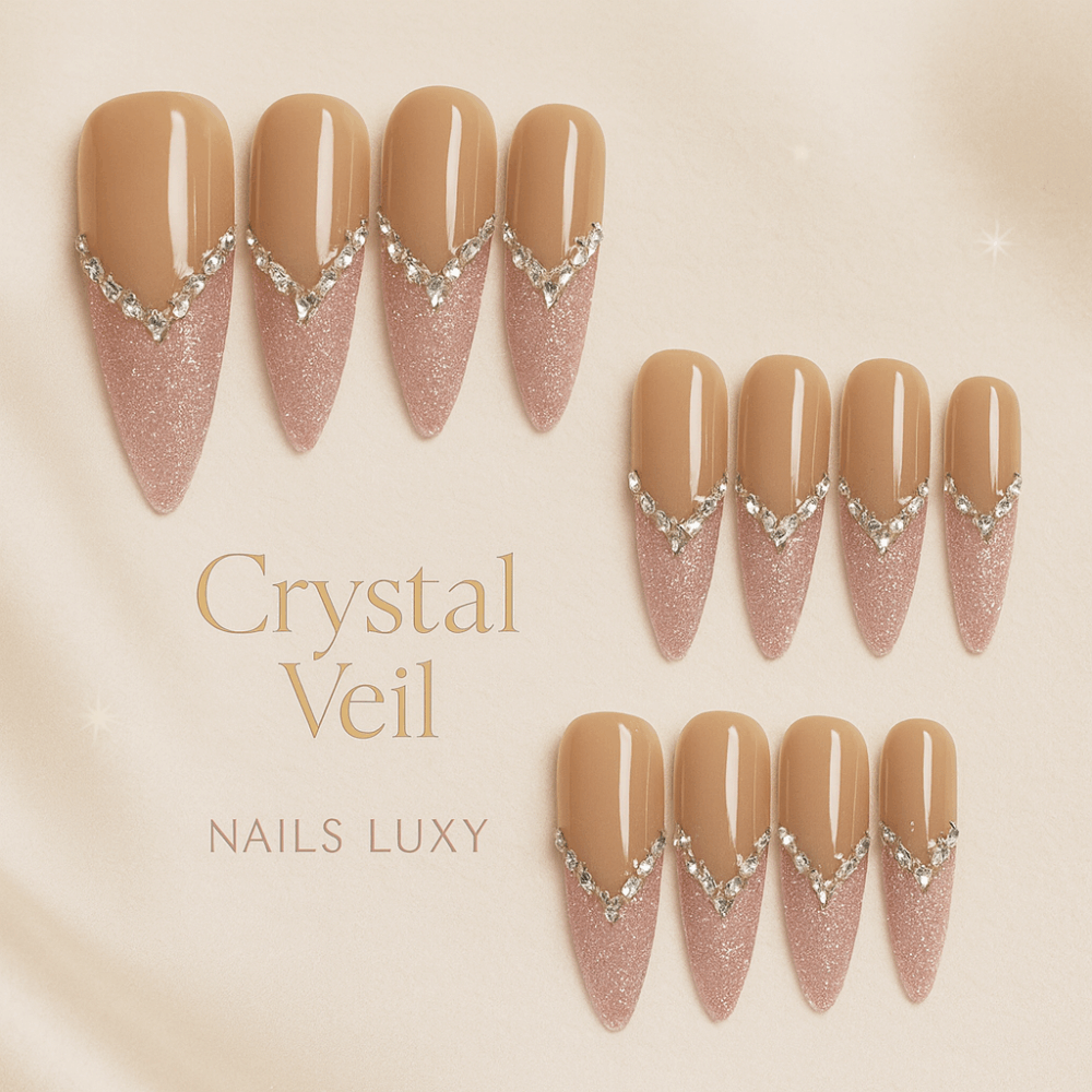 10Pcs✨ Crystal Veil – Luxury Almond Press-On Nails | Handmade Nude Cat-Eye with Silver Rhinestone Accents, Reusable Elegant Set ✨ - Image 1