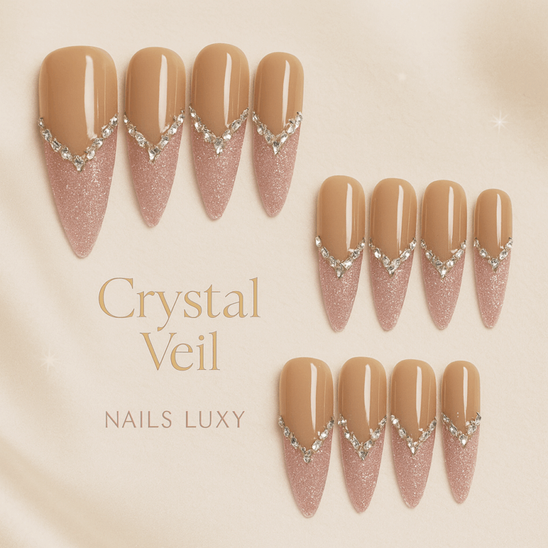 10Pcs✨ Crystal Veil – Luxury Almond Press-On Nails | Handmade Nude Cat-Eye with Silver Rhinestone Accents, Reusable Elegant Set ✨