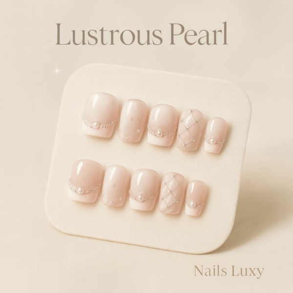 10pcs - Pearl Elegance – Short Square Press On Nails with Plaid & French Pearl Design – Handmade Acrylic Nail Tips