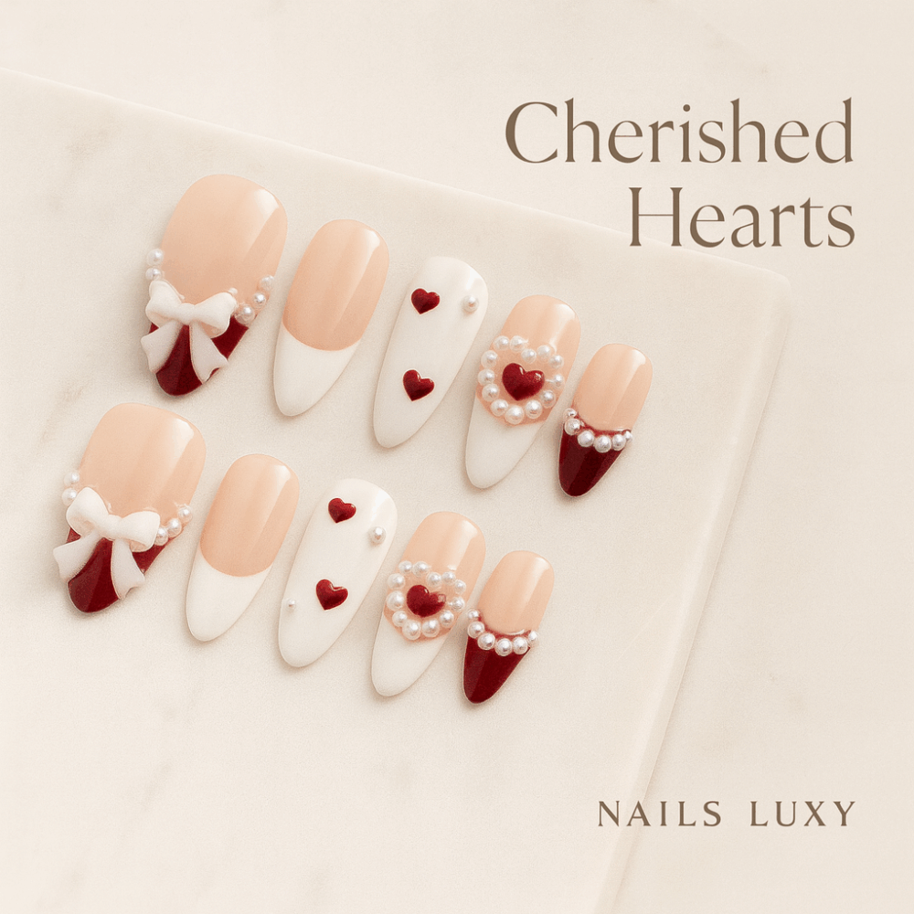 10pcs ✨ Noir Amour – Handmade Luxury Press-On Nails | Long Ballerina Coffin Pink & Black Heart Design with 3D Bows ✨ - Image 1