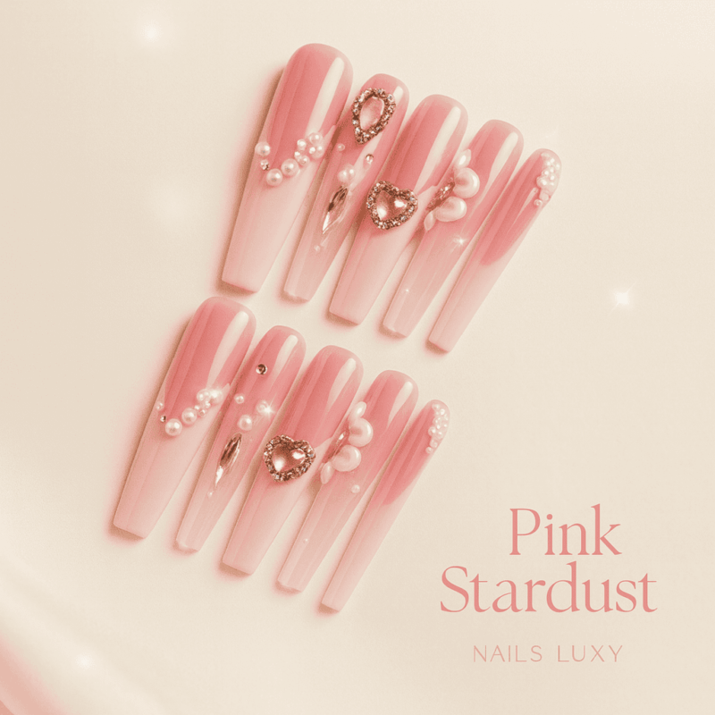 10Pcs ✨ Pink Stardust – Luxury Coffin Press-On Nails | Handmade Long Glitter Pink with Rhinestone & Bow Accents, Reusable Party Set ✨