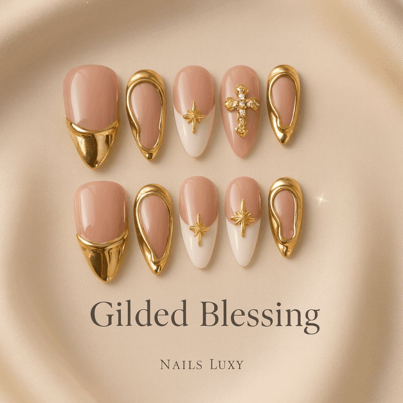 10pcs ✨ Royale Lumière – White French Press-On Nails | Handmade Almond Nails with Gold Diamond Accents, Reusable Luxury Set ✨