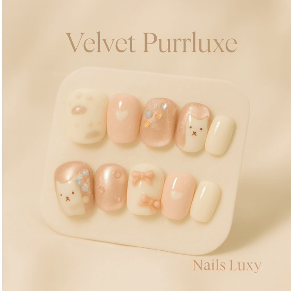 10Pcs ✨ Velvet Purrluxe – Handmade Luxury Press-On Nails | Short Square Pink & Ivory Cat Bow Pearl Nails, Reusable & Detachable ✨