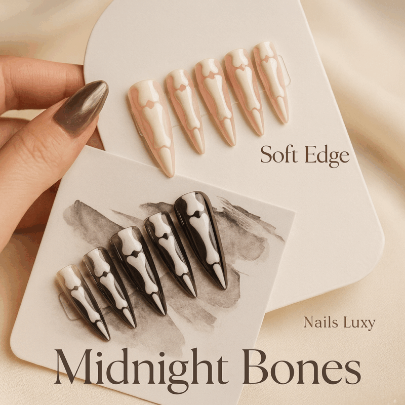 10pcs ✨ Midnight Bones – Gothic Press-On Nails | Handmade Long Almond Black & White Halloween Reusable Full Cover Nails ✨