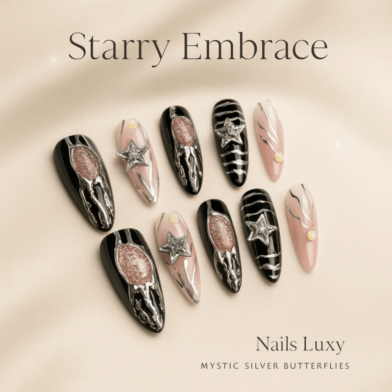 10Pcs 🦋 Mystic Silver Butterflies – 10pcs Handmade Long Almond Press-On Nails | Purple Cat-Eye Base with 3D Metallic Butterfly Charms ✨💜