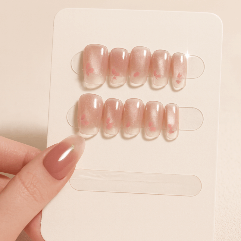 10Pcs 🌸 Dreamy Pink Glow – 10pcs Handmade Cat-Eye Coffin Press-On Nails | Shiny Ballet Style with Subtle Flower Accents ✨💖