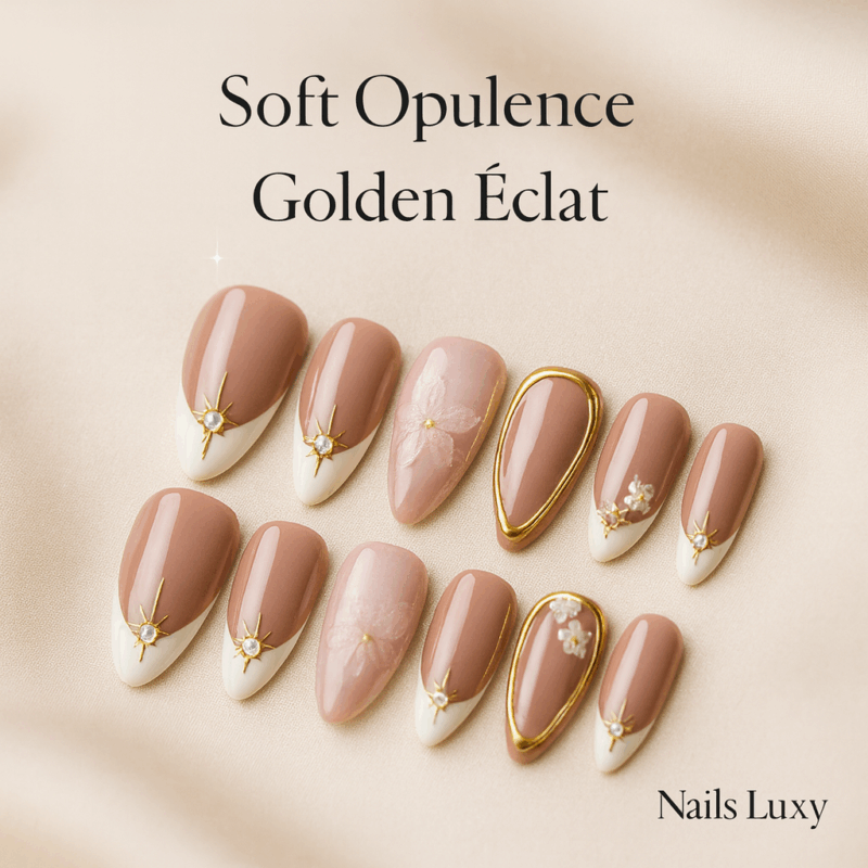 10pcs ✨ Golden Éclat – Luxury French Almond Press-On Nails | Handmade Nude with Metallic White Edge & 3D Floral Accents, Reusable Elegant Set ✨