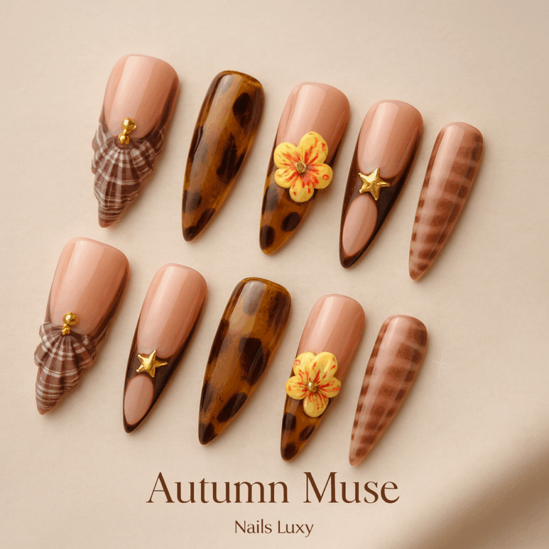 10Pcs ✨ Autumn Muse – Luxury Coffin Press-On Nails | Handmade Plaid, Tortoiseshell & Floral Accents, Long Reusable Set ✨
