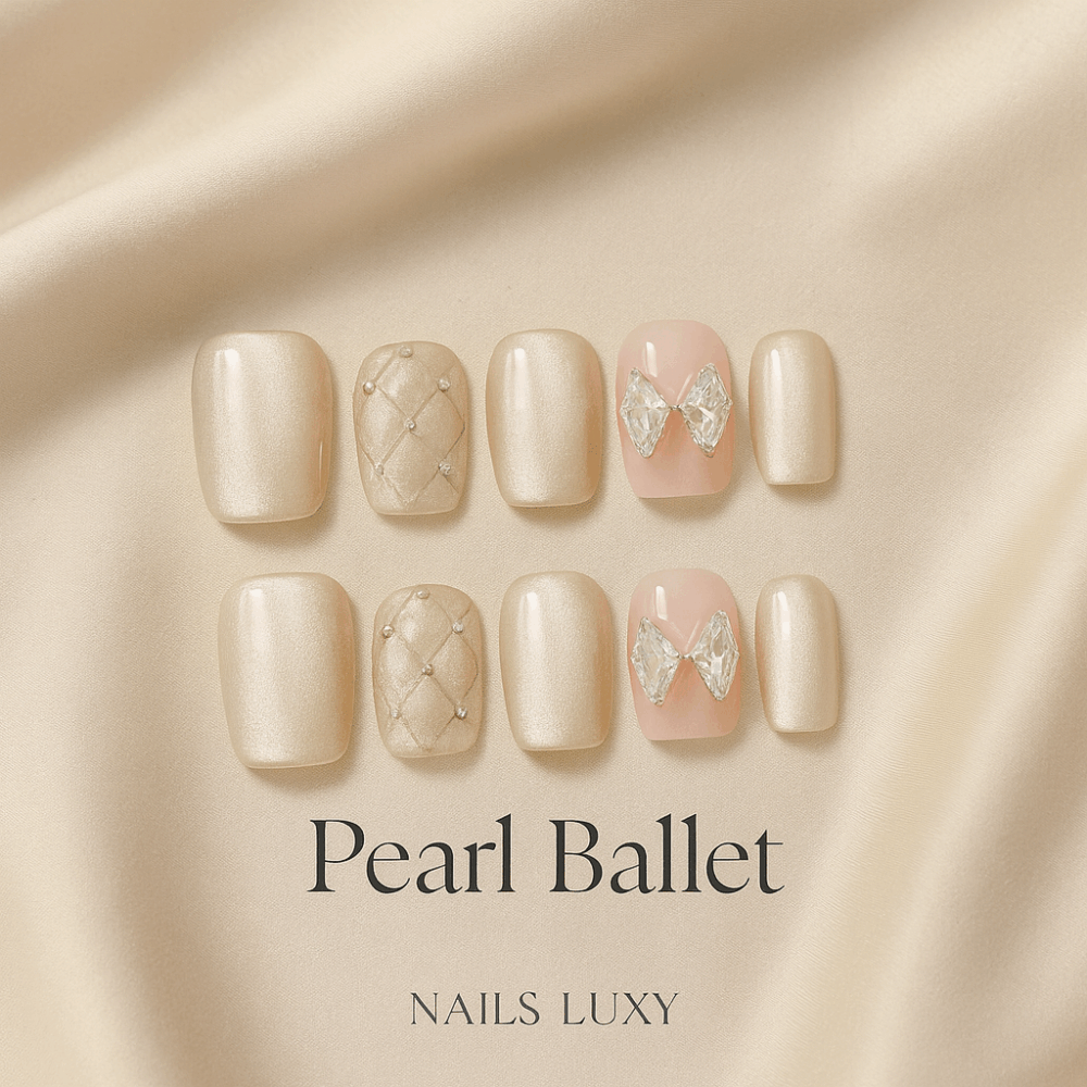 10Pcs ✨ Pearl Ballet – Luxury Short Press-On Nails | Handmade Nude Cat-Eye with Quilted & Rhinestone Accents, Reusable Elegant Set ✨ - Image 1