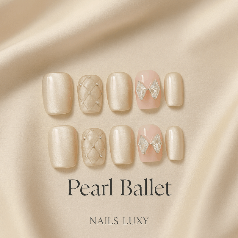 10Pcs ✨ Pearl Ballet – Luxury Short Press-On Nails | Handmade Nude Cat-Eye with Quilted & Rhinestone Accents, Reusable Elegant Set ✨
