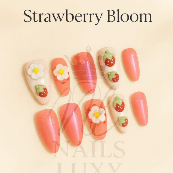 10pcs Strawberry Bloom – Almond Pink Aurora 3D Press‑On Gel Nails – Luxury Reusable Nail Set | Nails Luxe