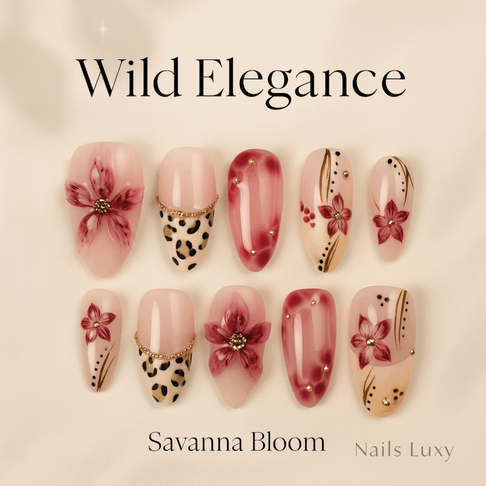 10pcs✨ Savanna Bloom – Handmade Almond Press-On Nails | Leopard Print & Pink 3D Floral Accents, Reusable Luxury Nail Art Set ✨ - Image 1