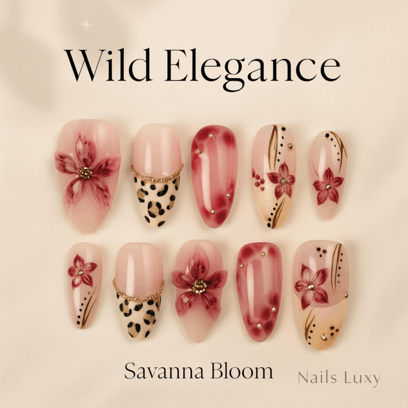 10pcs✨ Savanna Bloom – Handmade Almond Press-On Nails | Leopard Print & Pink 3D Floral Accents, Reusable Luxury Nail Art Set ✨