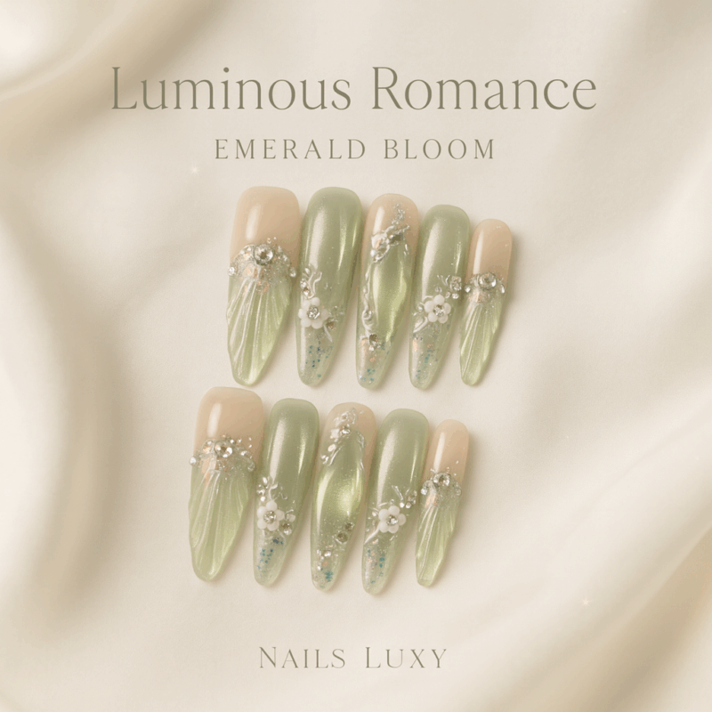 10pcs ✨ Emerald Bloom – Luxury Almond Press-On Nails | Handmade Long Green Cat-Eye with 3D Floral & Pearl Accents, Reusable Elegant Set ✨