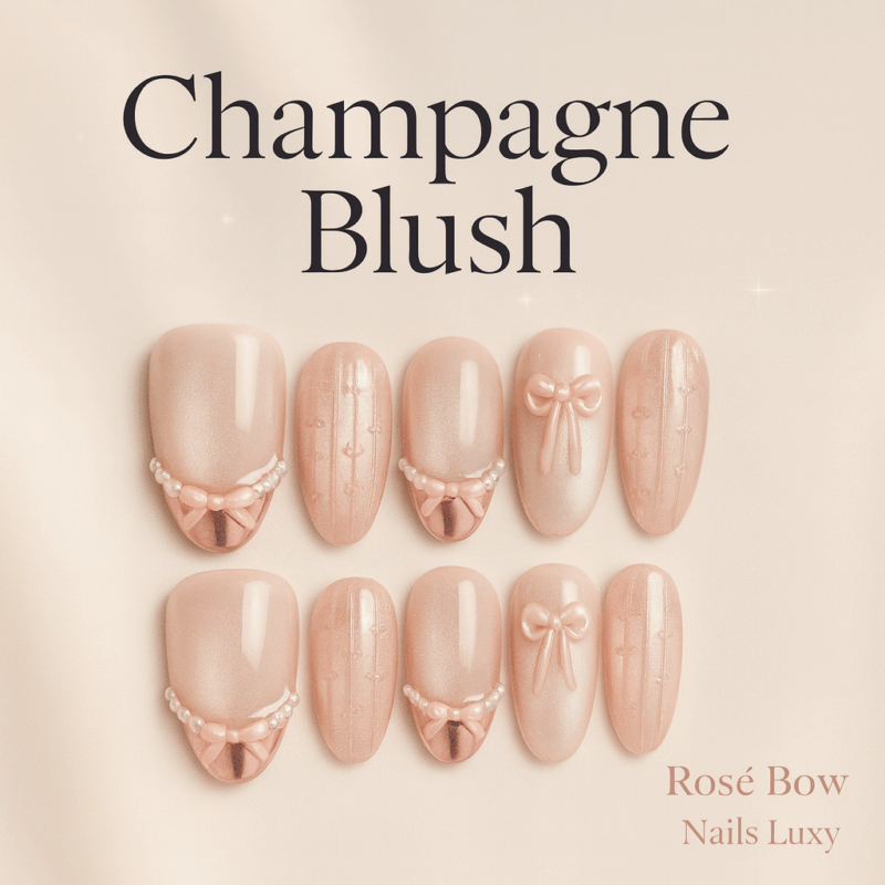 10pcs ✨ Rosé Bow – Handmade Luxury Almond Press-On Nails | Pink Cat-Eye with Glass Bead Shine & 3D Bow Accents, Reusable Korean Style Set ✨