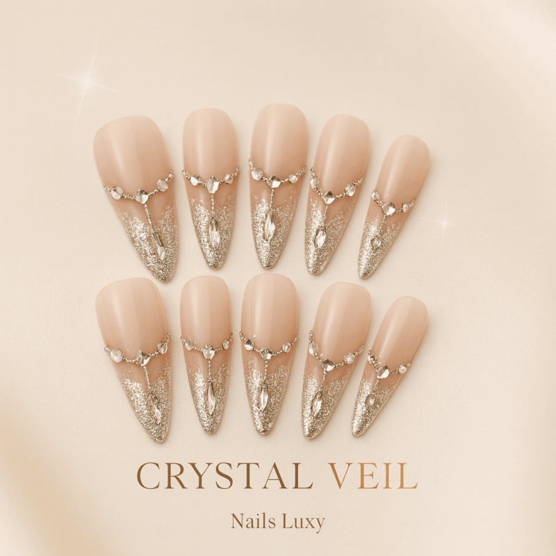 10Pcs ✨ Crystal Veil – Luxury Rhinestone Press-On Nails | Handmade Long Almond Nude Pink Reusable Nail Art ✨