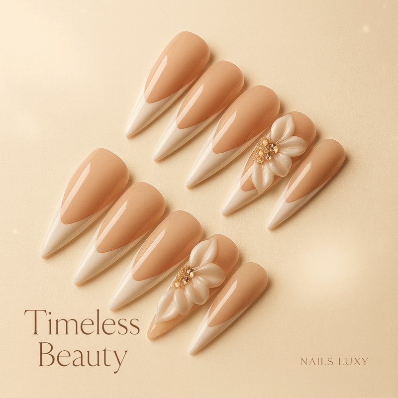 10pcs ✨ Ivory Bloom – Luxury Almond Press-On Nails | Handmade Long French White with 3D Floral Accents, Elegant Reusable Set ✨