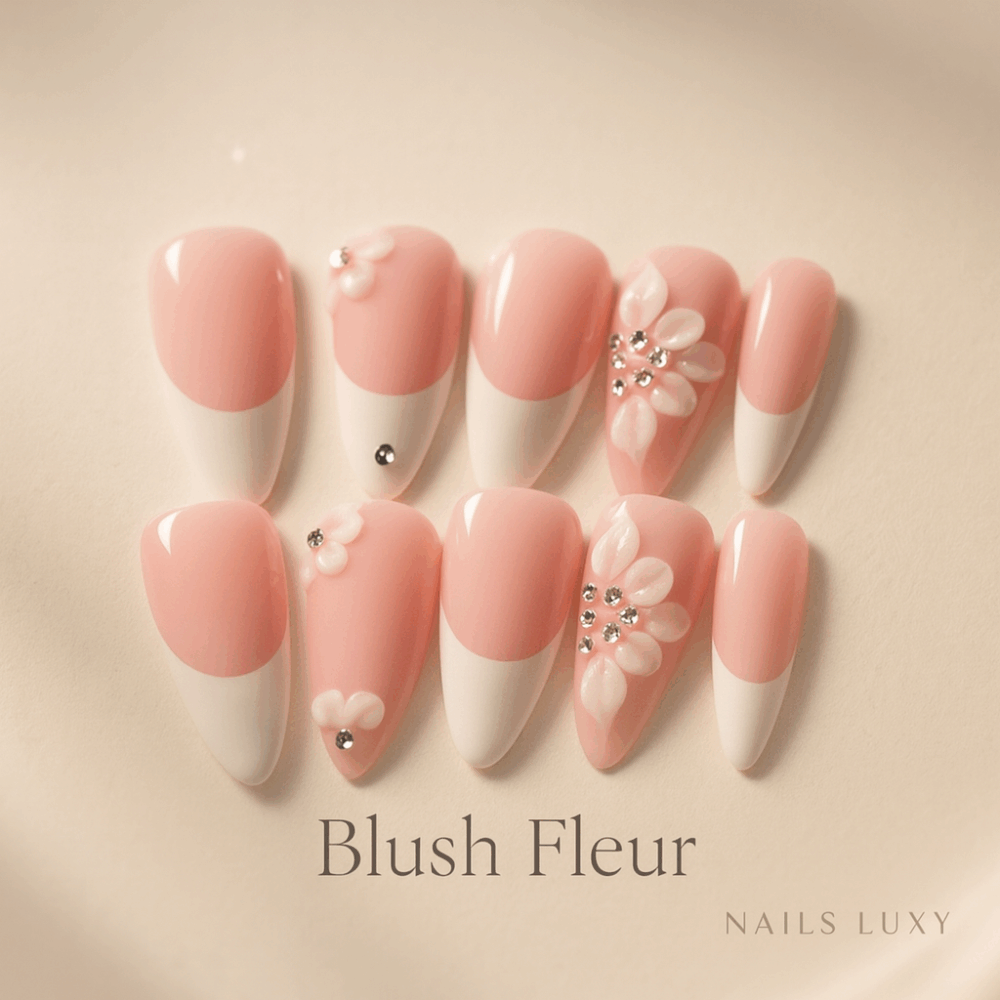 10pcs ✨ Blush Fleur – Luxury French Press-On Nails | Handmade Pink with White Tips & 3D Floral Accents, Elegant Reusable Set ✨ - Image 1