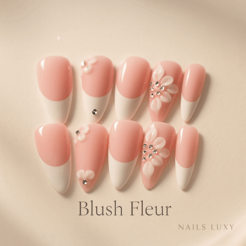 10pcs ✨ Blush Fleur – Luxury French Press-On Nails | Handmade Pink with White Tips & 3D Floral Accents, Elegant Reusable Set ✨