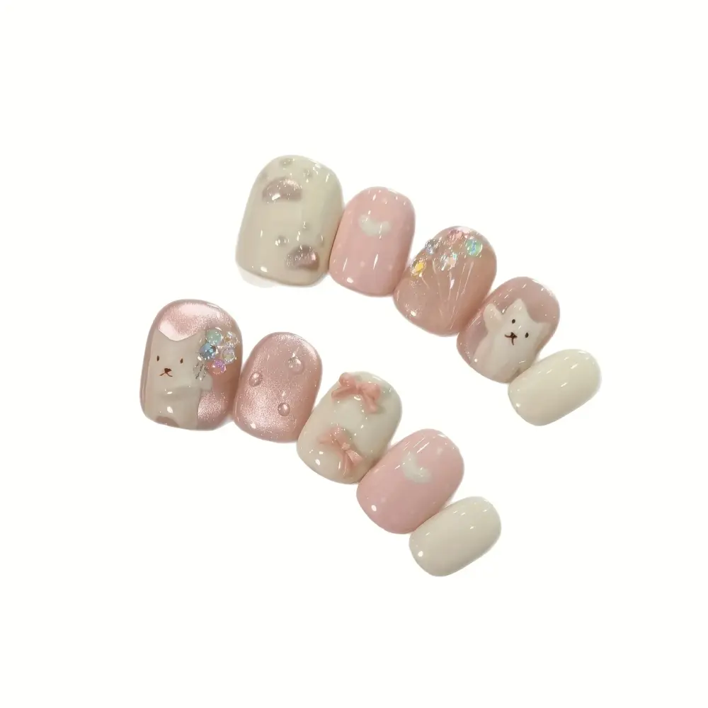 10Pcs ✨ Velvet Purrluxe – Handmade Luxury Press-On Nails | Short Square Pink & Ivory Cat Bow Pearl Nails, Reusable & Detachable ✨ - Image 4