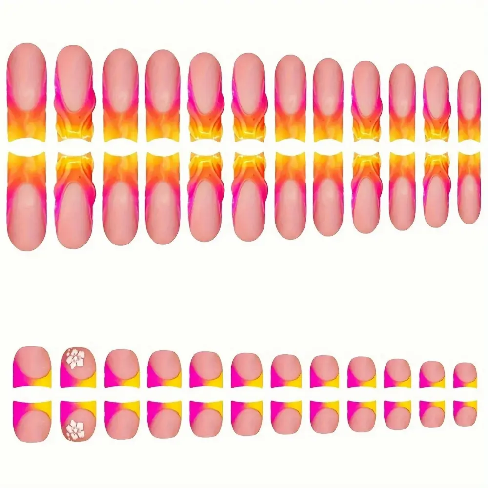 10 pcs🔥 French Tip Neon Sunset – 48pcs Press-On Set Uñas Postizas | Rosa & Naranja Degradado con Decoración 3D 🌅💖 - Image 3