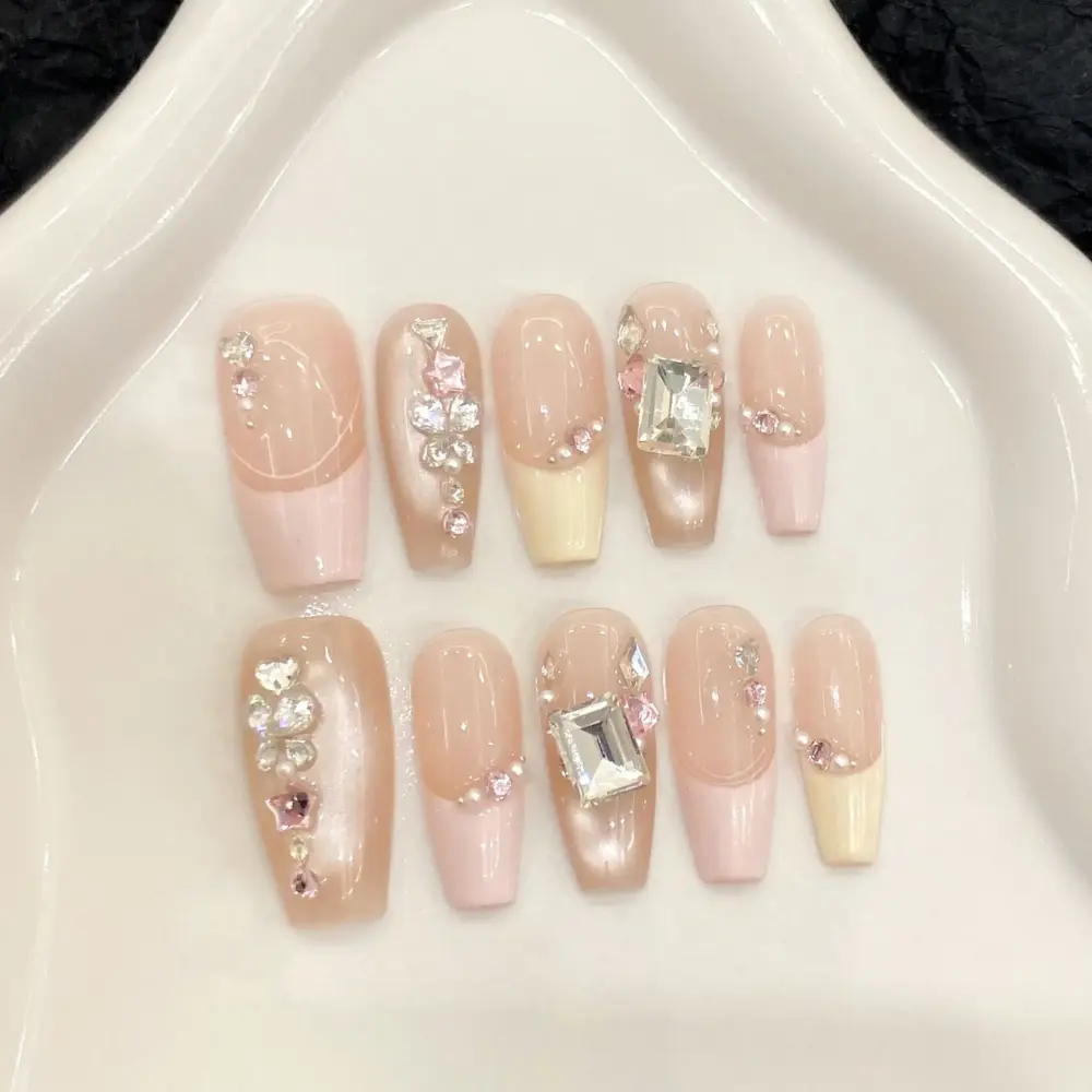 10pcs ✨ Crystal Elegance – Handmade Medium Coffin Press-On Nails | Pink & Yellow French Tips with Glitter Rhinestones, Luxury Party Set ✨ - Image 2