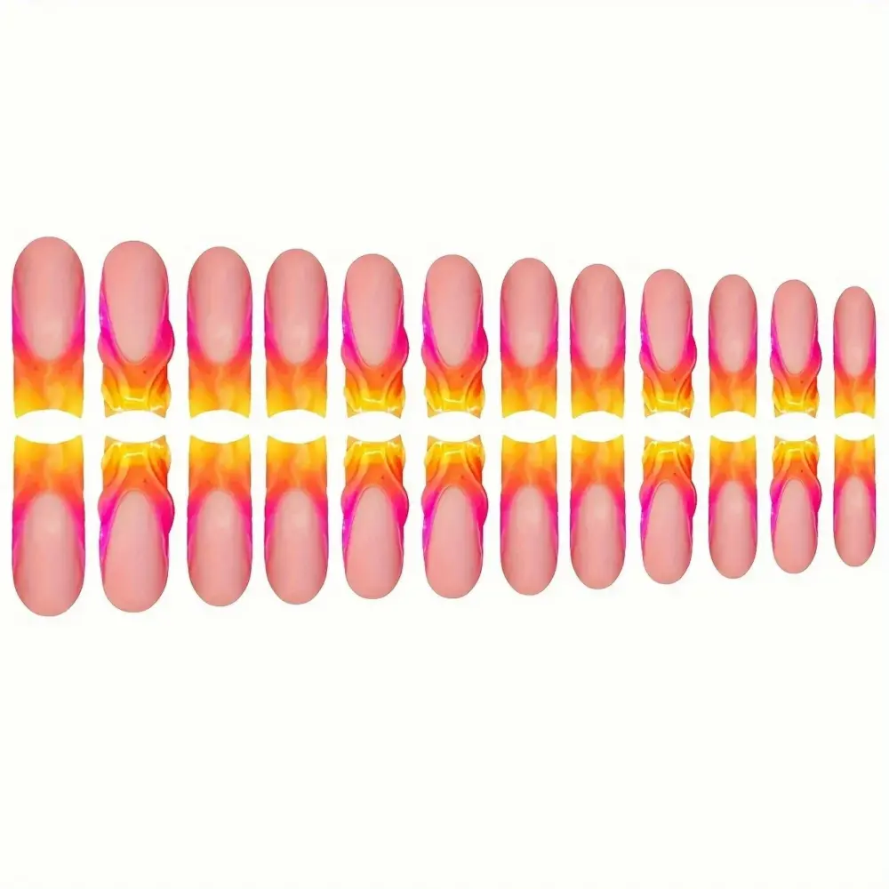10 pcs🔥 French Tip Neon Sunset – 48pcs Press-On Set Uñas Postizas | Rosa & Naranja Degradado con Decoración 3D 🌅💖 - Image 4