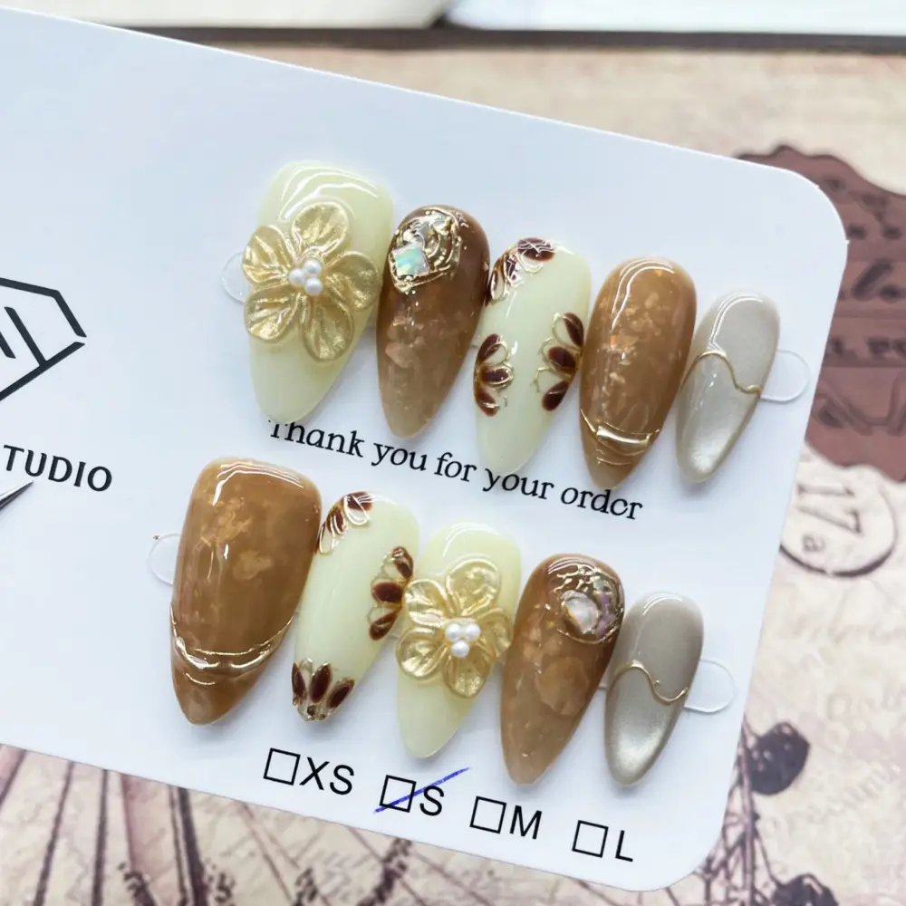 10PCS Golden Mocha Bloom – Luxury Almond Press-On Nails | Handmade Brown Cat-Eye with 3D Floral & Pearl Accents, Long Oval Reusable Set - Image 7