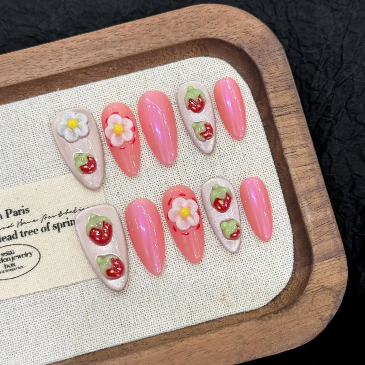 10pcs Strawberry Bloom – Almond Pink Aurora 3D Press‑On Gel Nails – Luxury Reusable Nail Set | Nails Luxe - Image 2