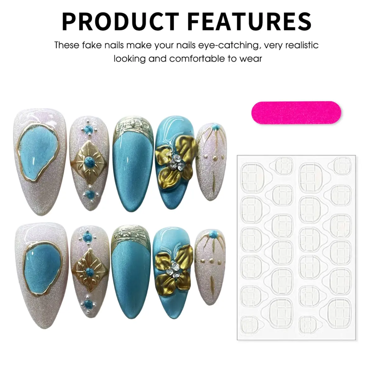 10PCS Golden Mocha Bloom – Luxury Almond Press-On Nails | Handmade Brown Cat-Eye with 3D Floral & Pearl Accents, Long Oval Reusable Set - Image 13