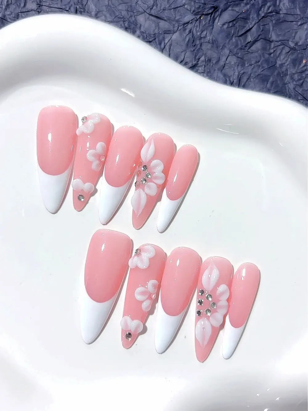 10pcs ✨ Blush Fleur – Luxury French Press-On Nails | Handmade Pink with White Tips & 3D Floral Accents, Elegant Reusable Set ✨ - Image 2