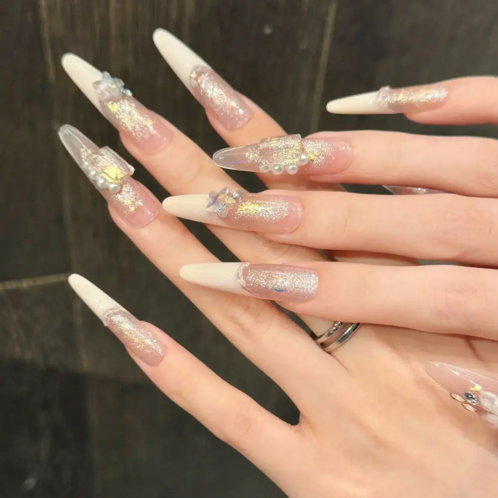 10pcs 🌸 Romantic Nude Pink – 10pcs Handmade Coffin Press-On Nails | Diamond & Pearl 3D Floral Design, Elegant French Style ✨💎 - Image 4