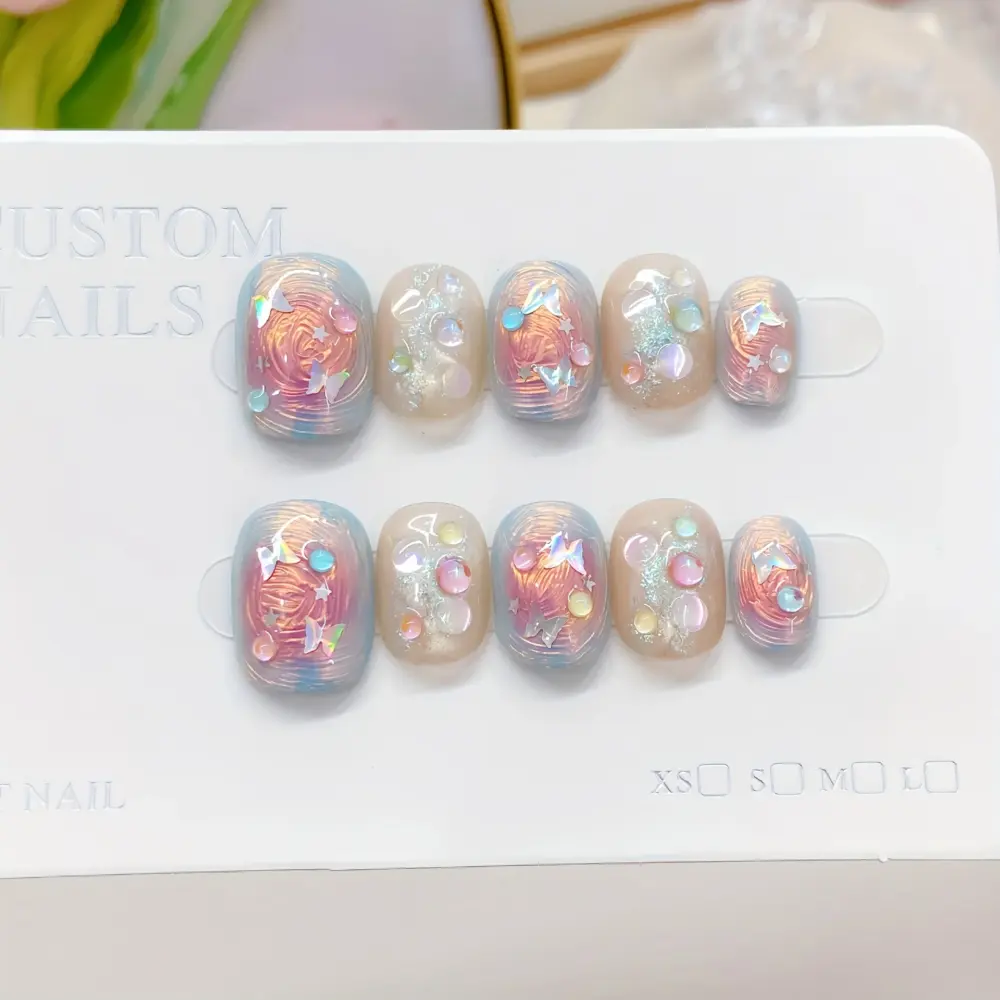 10pcs ✨ Butterfly Whirl – Handmade Short Oval Press-On Nails | Swirl Design, Flash Glitter & 3D Butterfly Accents, Reusable Summer Nail Set ✨ - Image 3