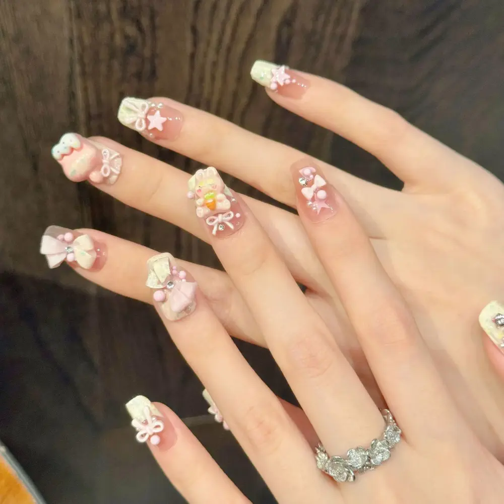 10pcs🍓 Sweet Bunny Dream – 10pcs Handmade Pink Press-On Nails | 3D Strawberry, Bows & Cute Rabbit Korean Nail Art 🐇✨ - Image 4
