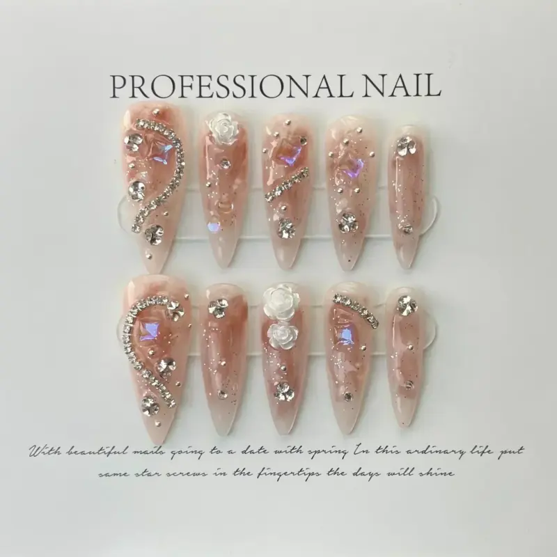 10Pcs ✨ Rosé Camellia – Handmade Luxury Press-On Nails | Long Almond Pink Rhinestone Reusable Full Cover Nail Tips ✨
