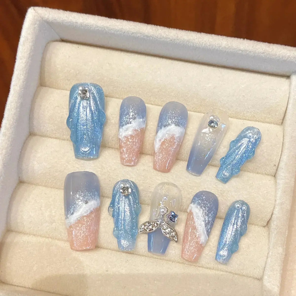 10Pcs Moonlit Tides – Long Ballerina Blue Press‑On Gel Nails with 3D Moon & Rhinestones | Nails Luxe - Image 13