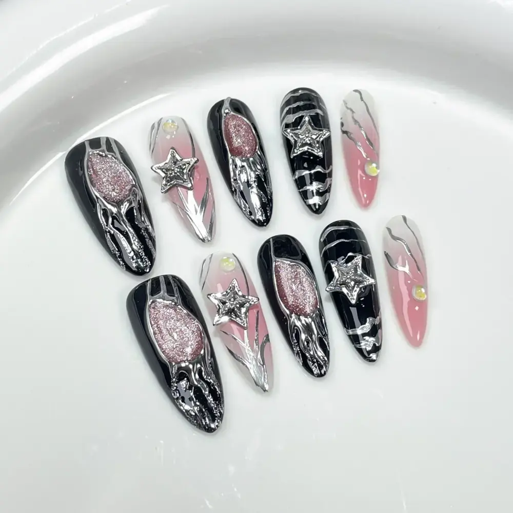 10Pcs 🦋 Mystic Silver Butterflies – 10pcs Handmade Long Almond Press-On Nails | Purple Cat-Eye Base with 3D Metallic Butterfly Charms ✨💜 - Image 2