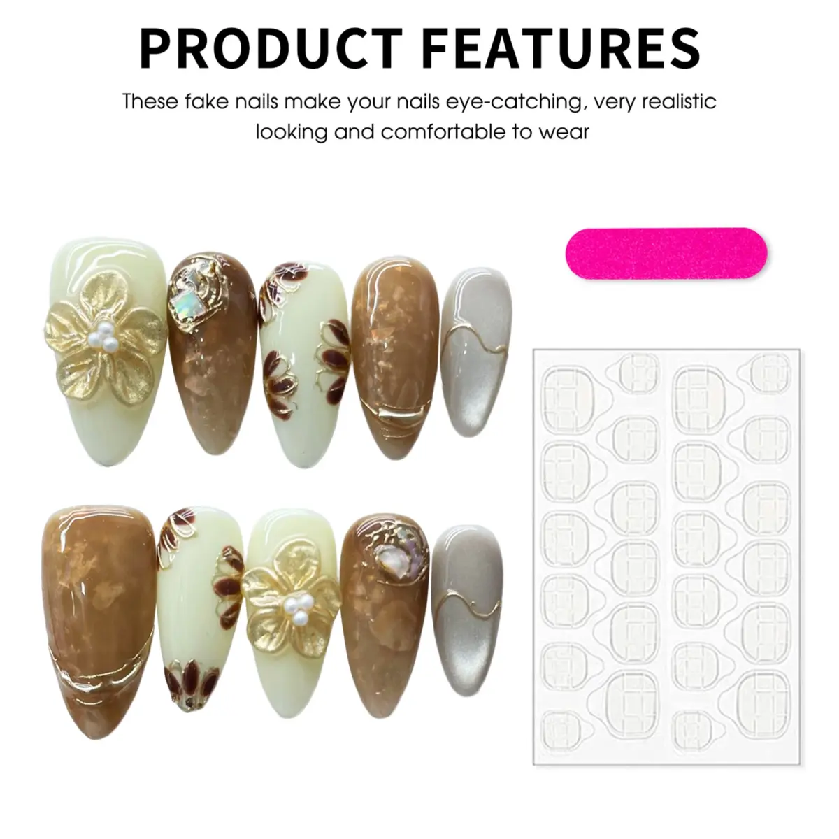 10PCS Golden Mocha Bloom – Luxury Almond Press-On Nails | Handmade Brown Cat-Eye with 3D Floral & Pearl Accents, Long Oval Reusable Set - Image 3