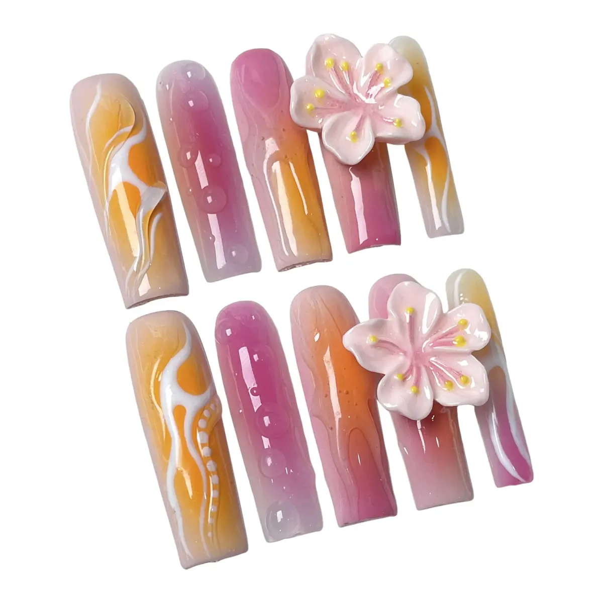 10pcs✨ Sunset Bloom  – Luxury Coffin Press-On Nails | Handmade Gradient Pink & Yellow with 3D Floral Accents, Long Reusable Acrylic Set ✨ - Image 10