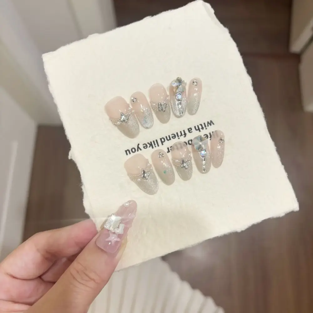 10Pcs✨ Golden Glow – Handmade Short Oval Press-On Nails | Cat Eye Effect, Gold Foil & Nude Gradient, Reusable Nail Art Set ✨ - Image 3