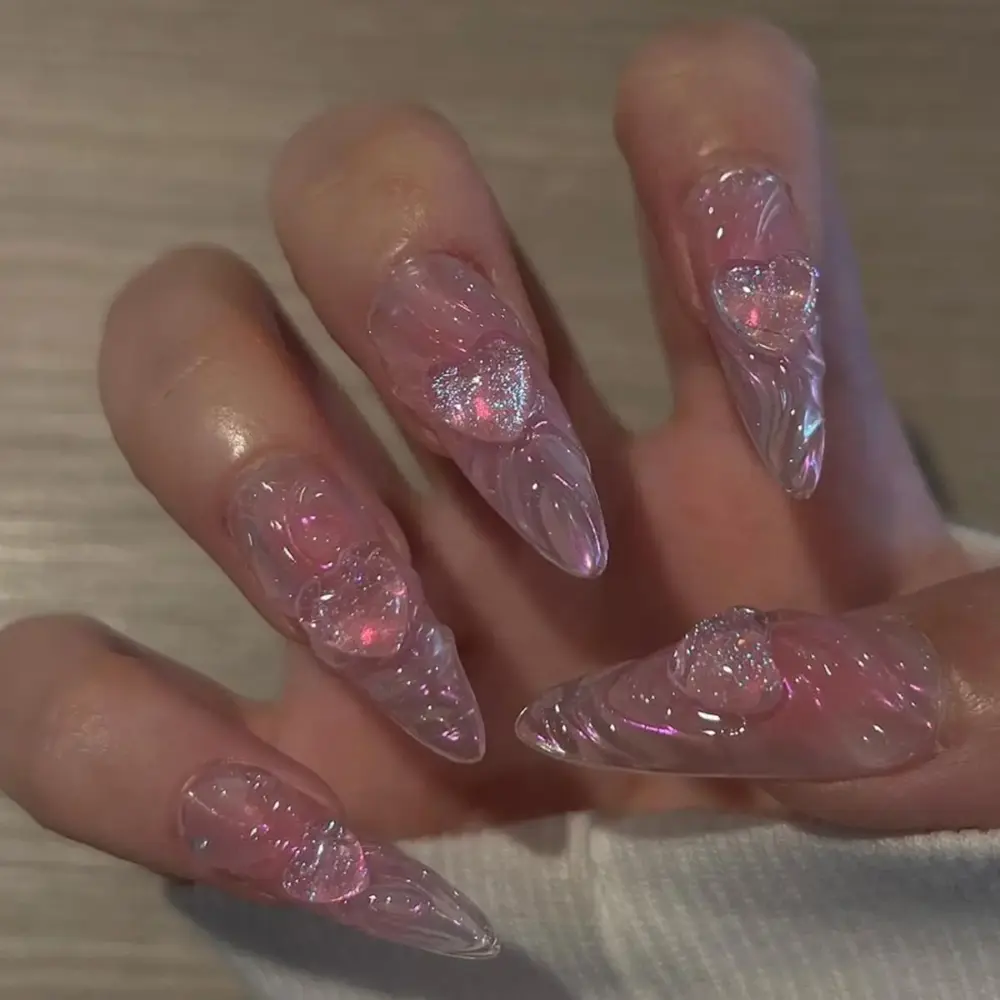 10PCS ✨ Rosé Allure – Luxury Stiletto Press-On Nails | Handmade Pink Floral 3D Embellished Long Reusable Acrylic Tips ✨ - Image 16