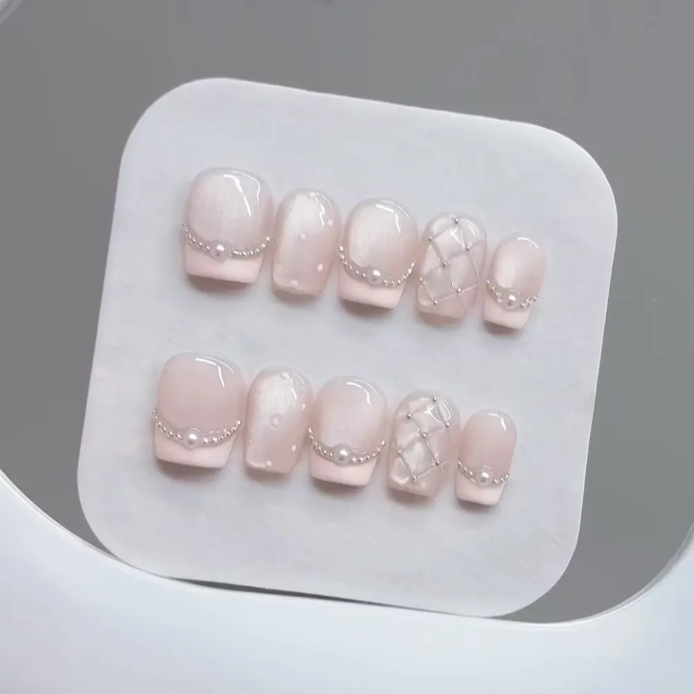 10pcs - Pearl Elegance – Short Square Press On Nails with Plaid & French Pearl Design – Handmade Acrylic Nail Tips - Image 2