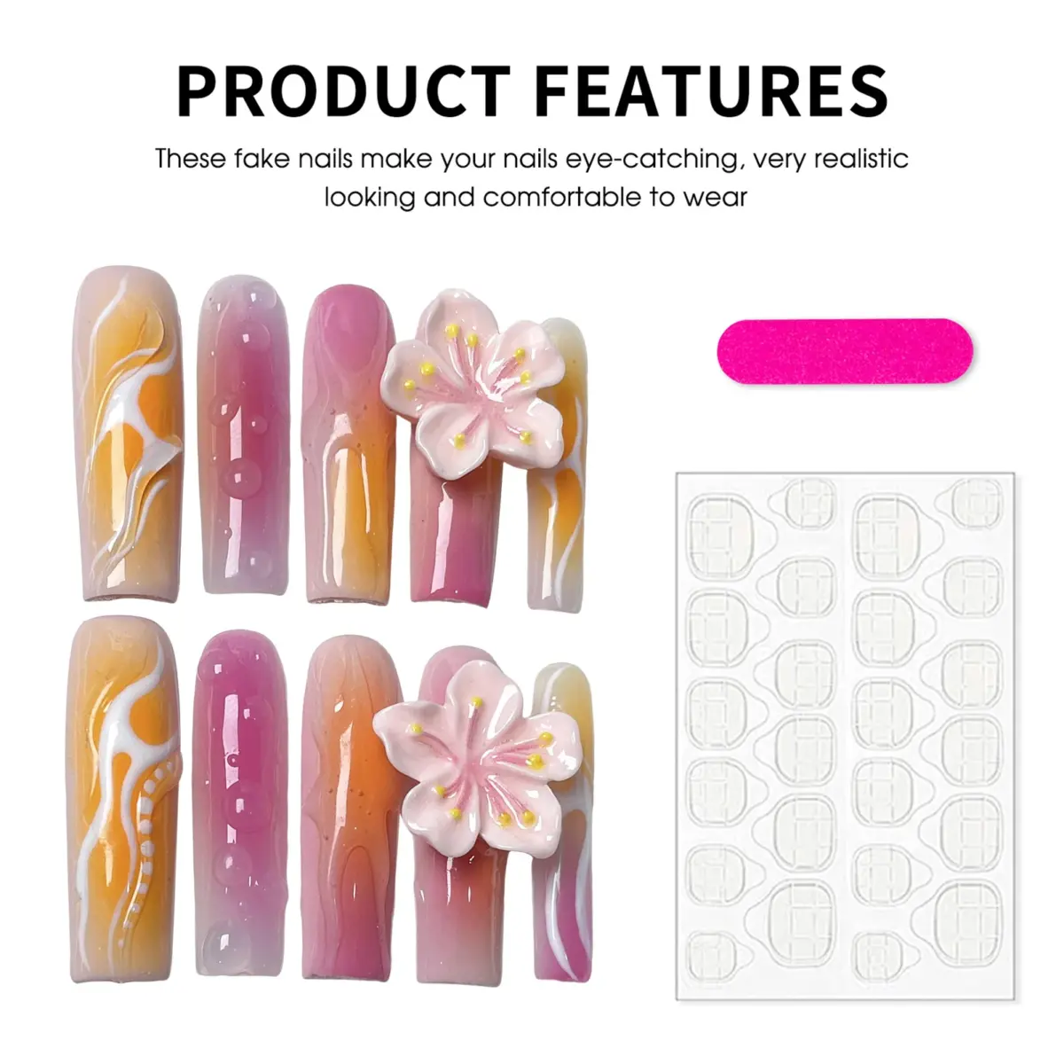 10pcs✨ Sunset Bloom  – Luxury Coffin Press-On Nails | Handmade Gradient Pink & Yellow with 3D Floral Accents, Long Reusable Acrylic Set ✨ - Image 4