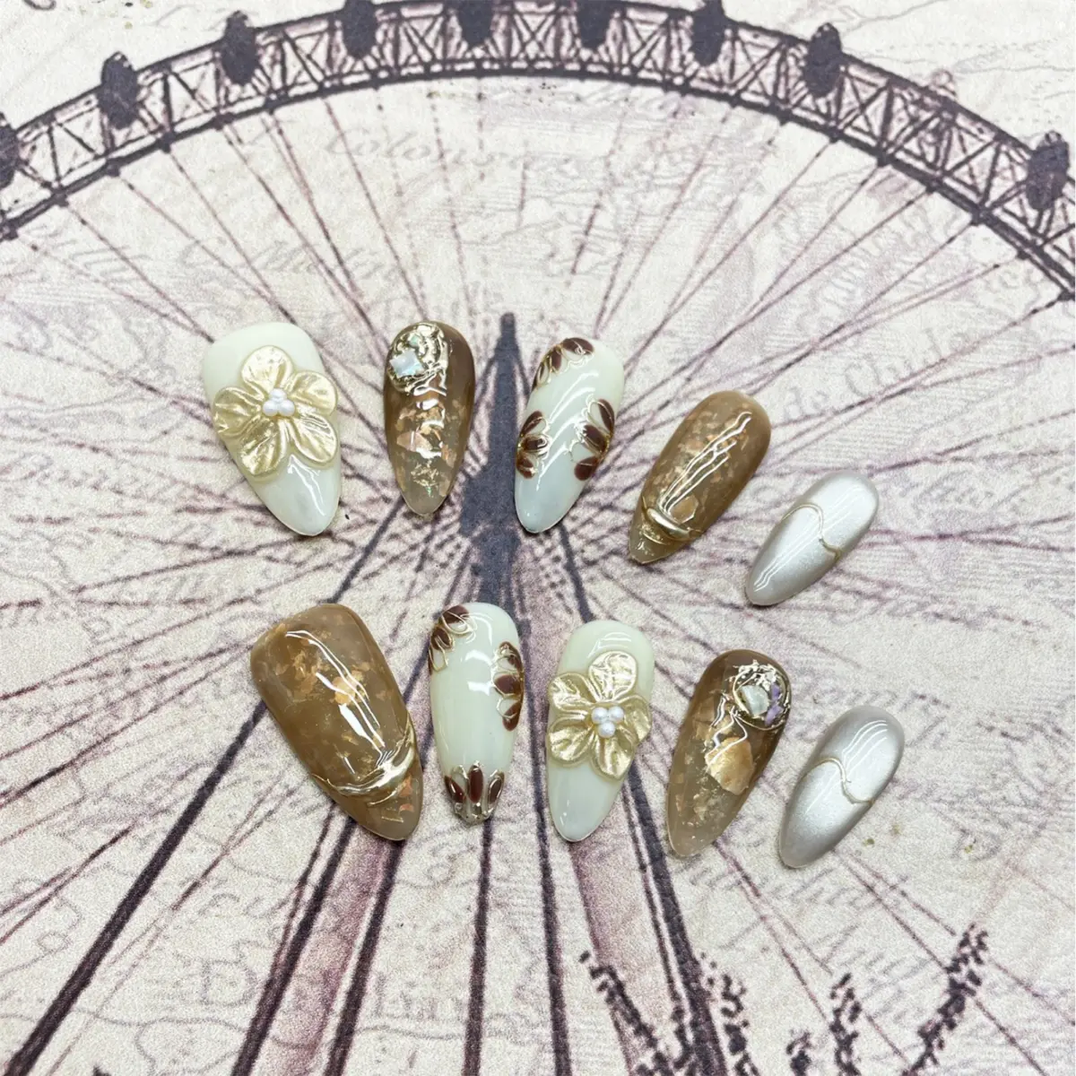 10PCS Golden Mocha Bloom – Luxury Almond Press-On Nails | Handmade Brown Cat-Eye with 3D Floral & Pearl Accents, Long Oval Reusable Set - Image 2
