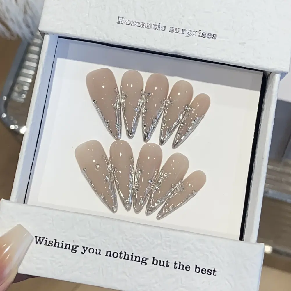 10Pcs✨ Crystal Veil – Luxury Almond Press-On Nails | Handmade Nude Cat-Eye with Silver Rhinestone Accents, Reusable Elegant Set ✨ - Image 2
