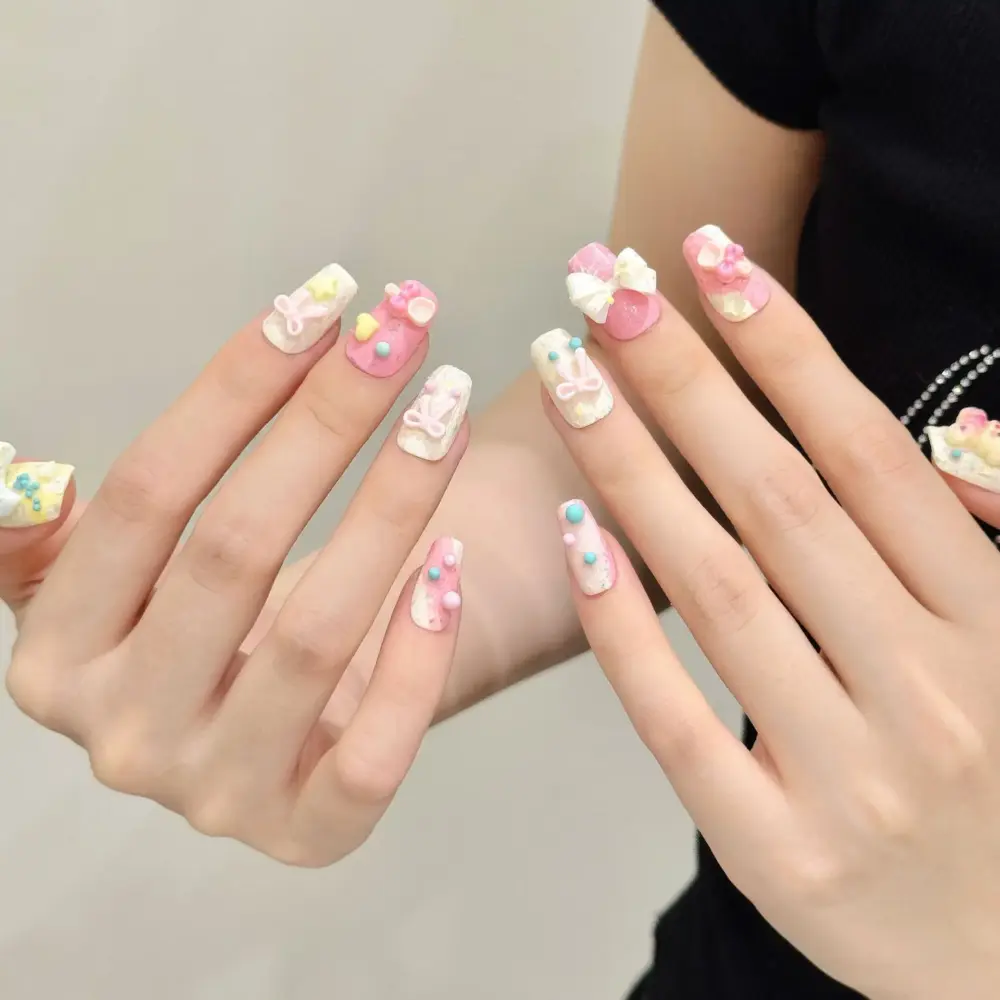 10pcs🍓 Sweet Bunny Dream – 10pcs Handmade Pink Press-On Nails | 3D Strawberry, Bows & Cute Rabbit Korean Nail Art 🐇✨ - Image 6