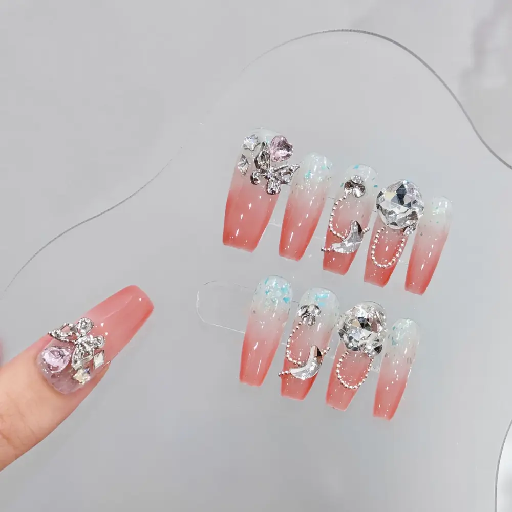 10pcs ✨ Noir Amour – Handmade Luxury Press-On Nails | Long Ballerina Coffin Pink & Black Heart Design with 3D Bows ✨ - Image 6