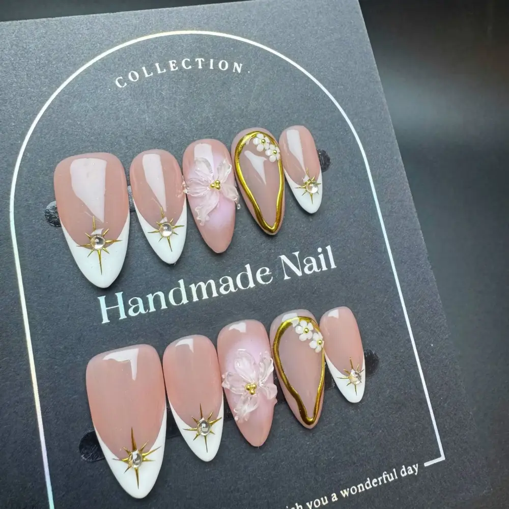 10pcs ✨ Golden Éclat – Luxury French Almond Press-On Nails | Handmade Nude with Metallic White Edge & 3D Floral Accents, Reusable Elegant Set ✨ - Image 3