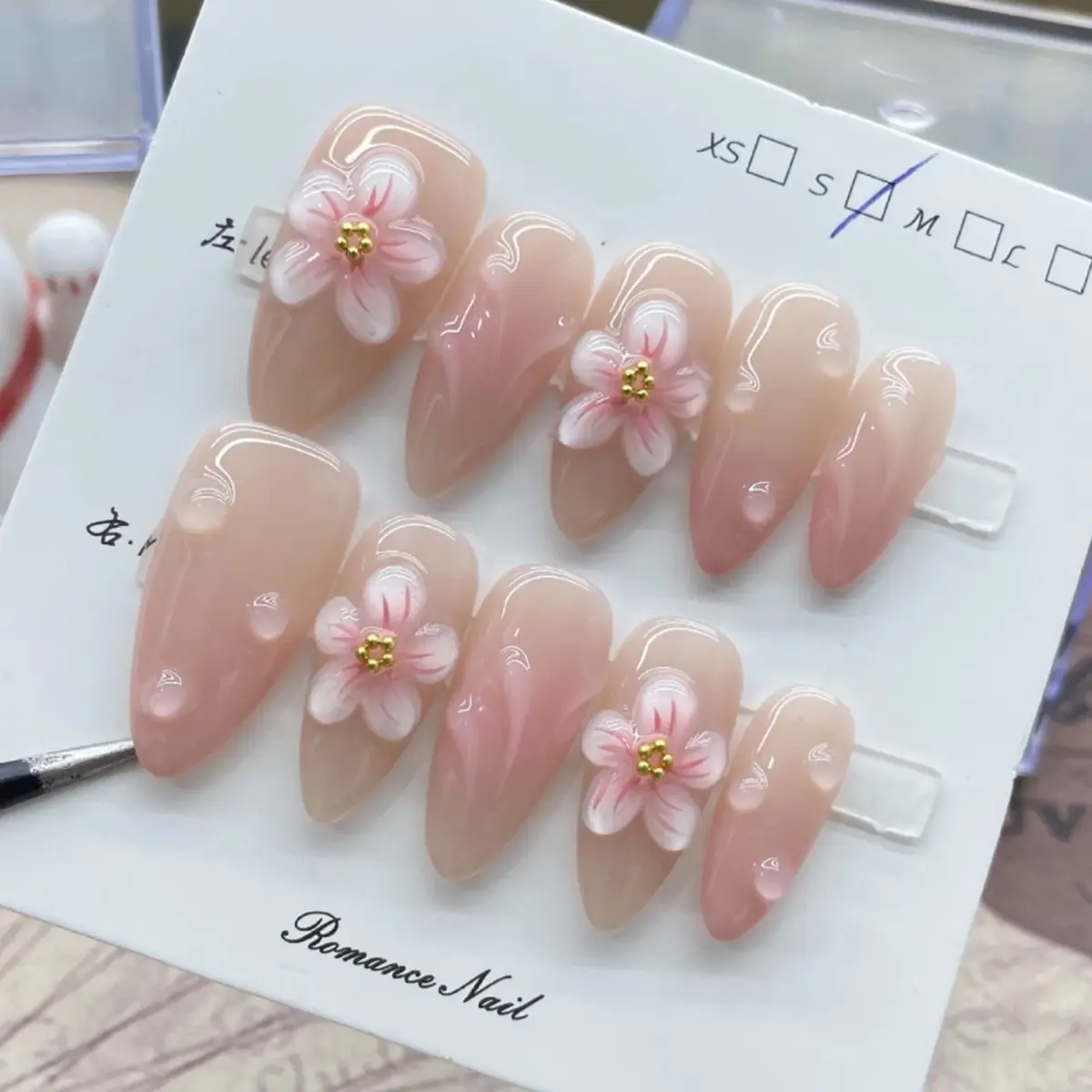 10PCS Golden Mocha Bloom – Luxury Almond Press-On Nails | Handmade Brown Cat-Eye with 3D Floral & Pearl Accents, Long Oval Reusable Set - Image 9